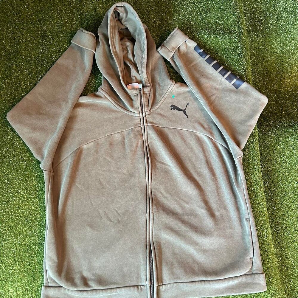 Puma Men's Green and Khaki Hoodie
